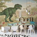 Prehistoric Jungle Adventure Mural Wallpaper — Whimsical Nature Scene Mural Wallpaper - pure wallpaper artwork