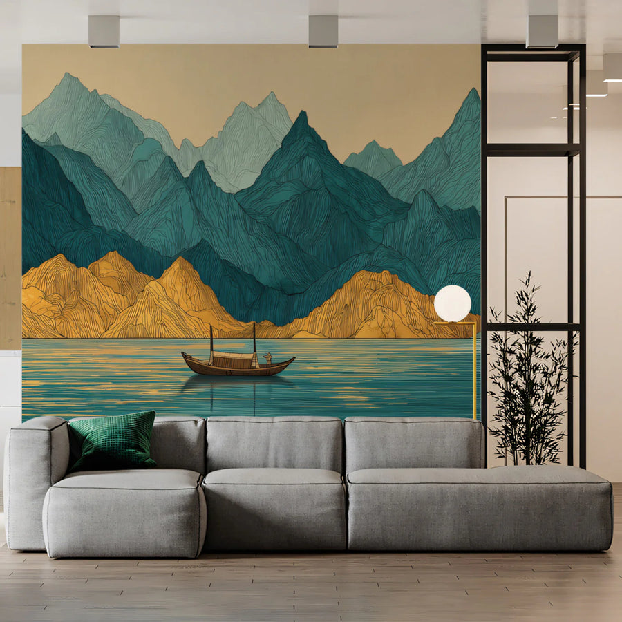 Teal and Ochre Mountain Lake Mural Wallpaper — Stylized Landscape Mural Wallpaper