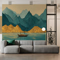 Teal and Ochre Mountain Lake Mural Wallpaper — Stylized Landscape Mural Wallpaper - pure wallpaper artwork