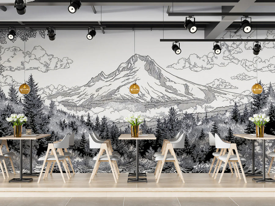Mountain Peak Landscape Mural Wallpaper — Detailed Sketch Design Mural Wallpaper
