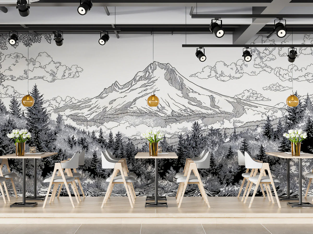 Mountain Peak Landscape Mural Wallpaper — Detailed Sketch Design Mural Wallpaper - pure wallpaper artwork