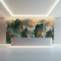 Emerald Mountain Peaks Mural Wallpaper — Traditional Ink Art Style Mural Wallpaper - pure wallpaper artwork