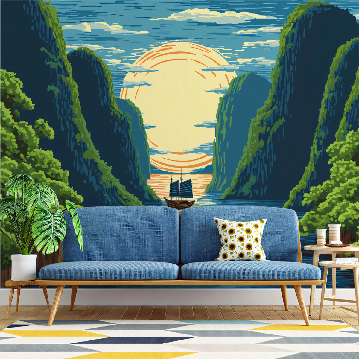 Sunrise Over Karst Mountains Mural Wallpaper Traditional Art Style Mural Wallpaper - pure wallpaper artwork
