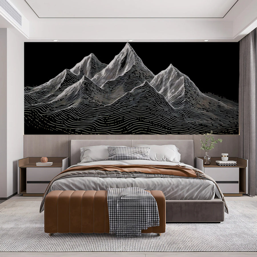 Topographic Mountain Line Art Mural Wallpaper — Monochrome Graphic Mural Wallpaper