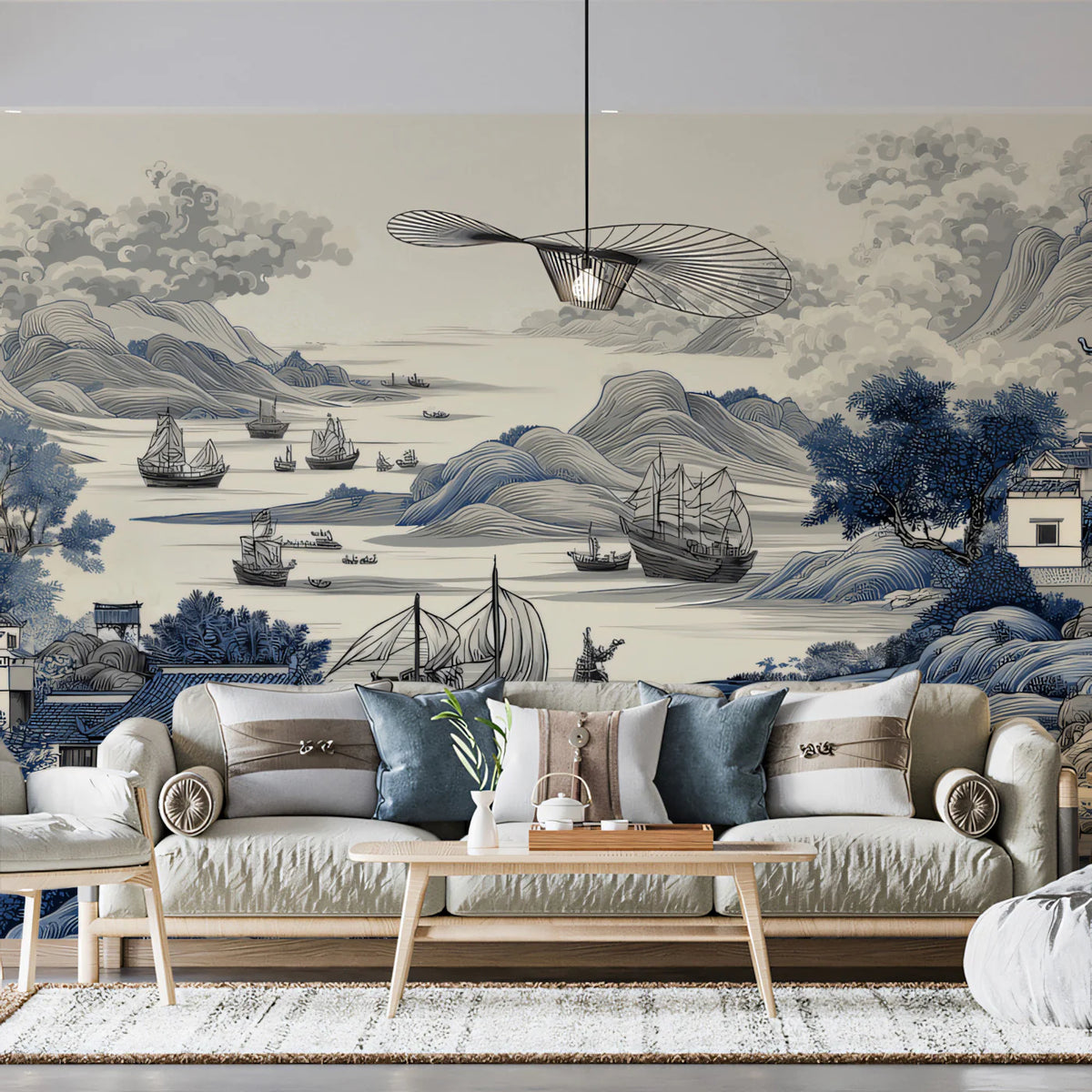 Chinoiserie Seascape Mural Wallpaper — Classic Blue and White Mural Wallpaper - pure wallpaper artwork