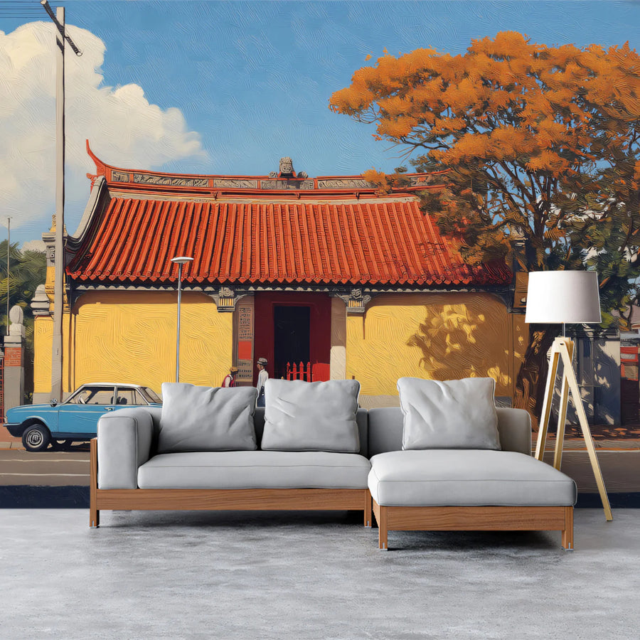 Chinese Street Scene Mural Wallpaper — Oil Painting Art Style Mural Wallpaper