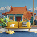 Asian Pavilion and Snowy Peak Mural Wallpaper — Cinematic Scene Mural Wallpaper - pure wallpaper artwork
