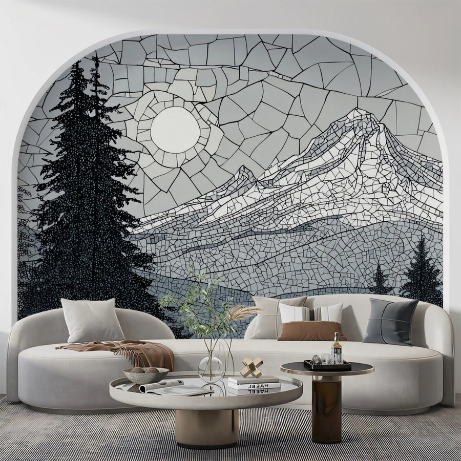 Monochrome Mountain Mosaic Mural Wallpaper — Alpine Landscape Art Mural Wallpaper