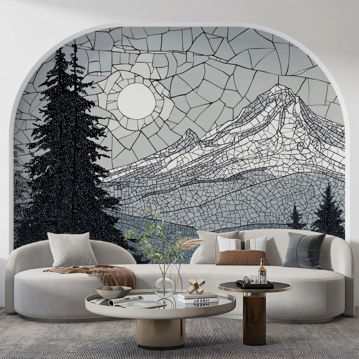 Monochrome Mountain Mosaic Mural Wallpaper — Alpine Landscape Art Mural Wallpaper - pure wallpaper artwork