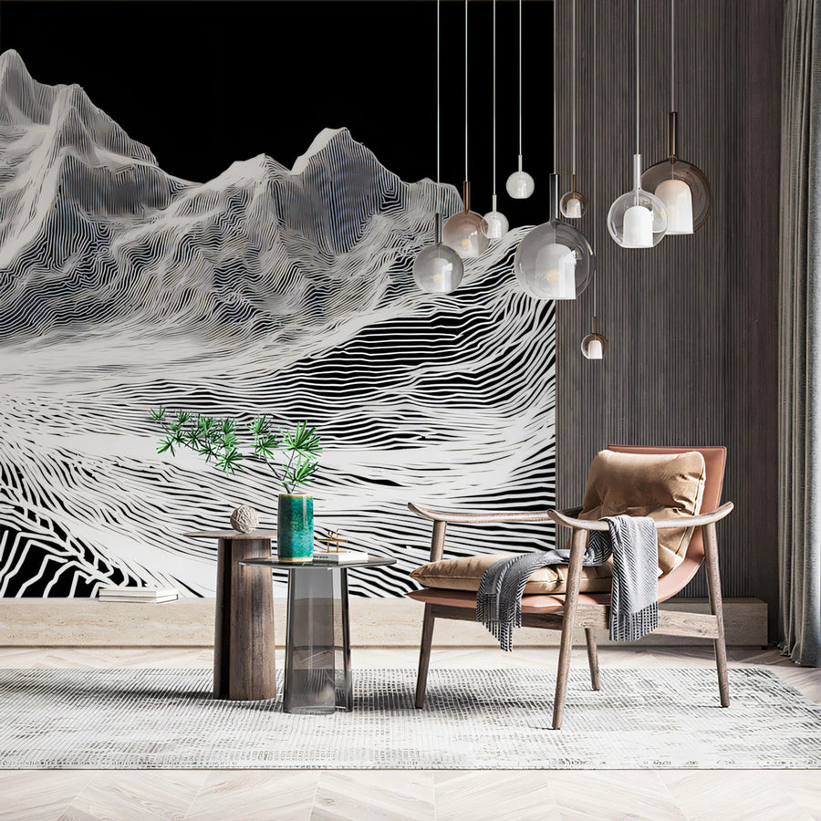 Wireframe Mountain Mural Wallpaper — Modern Topographic Design Mural Wallpaper