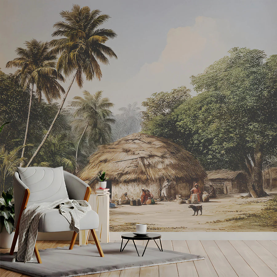 Vintage Tropical Village Mural Wallpaper — Colonial Landscape Art Mural Wallpaper