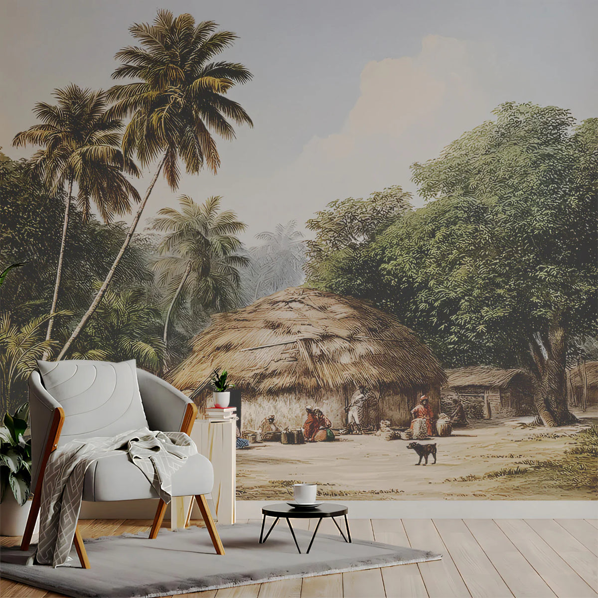 Vintage Tropical Village Mural Wallpaper — Colonial Landscape Art Mural Wallpaper - pure wallpaper artwork