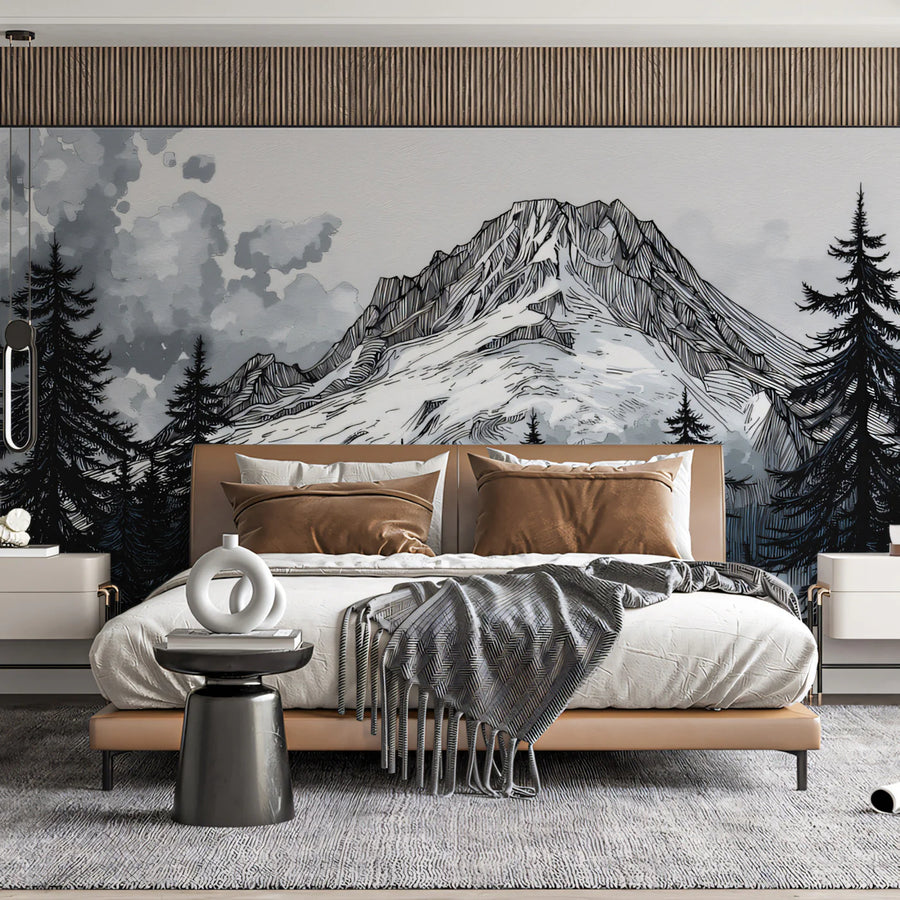 Alpine Ink Sketch Mountain Mural Wallpaper — Monochrome Nature Art Mural Wallpaper