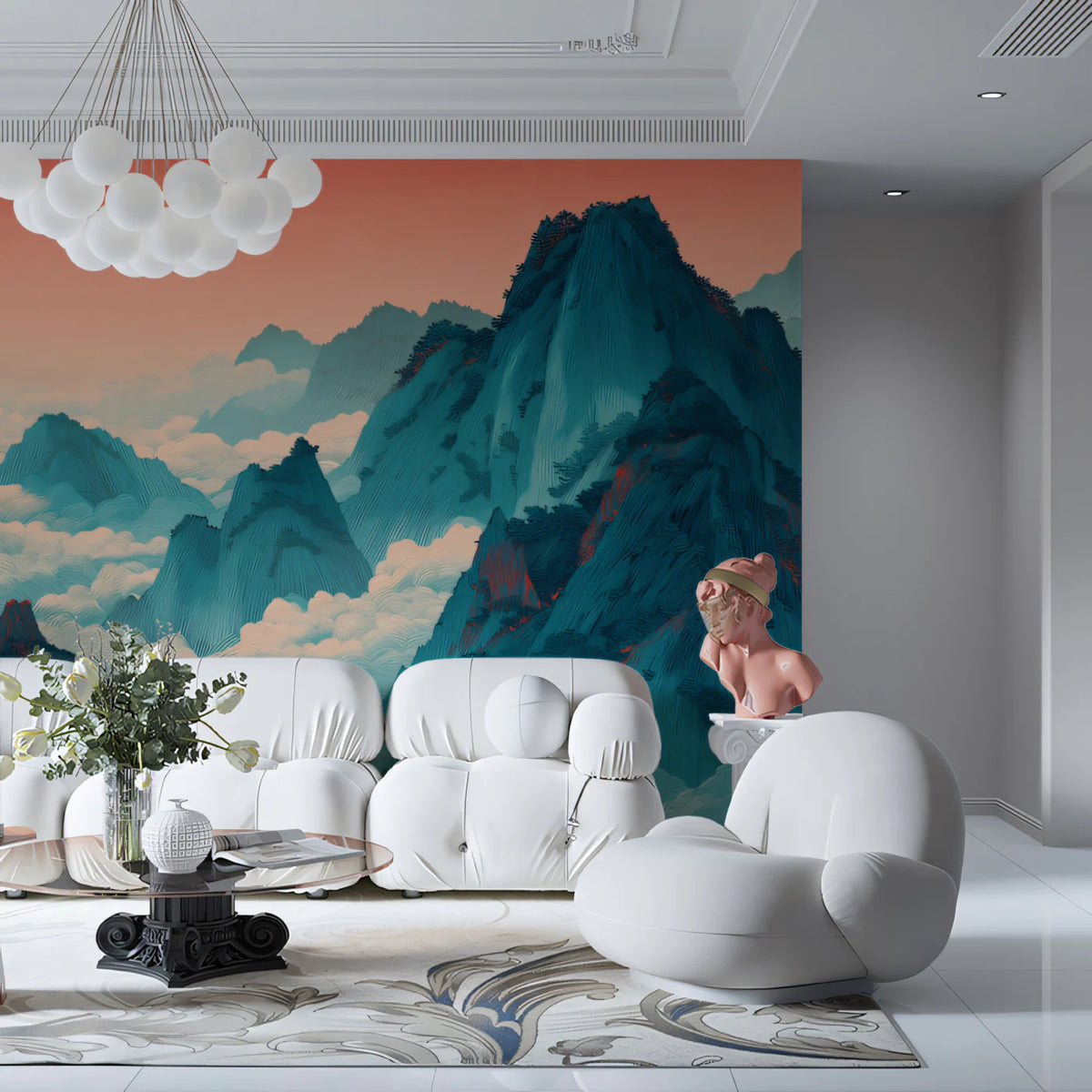 Teal Mountain Peaks Mural Wallpaper — Ethereal Sunset Landscape Mural Wallpaper - pure wallpaper artwork