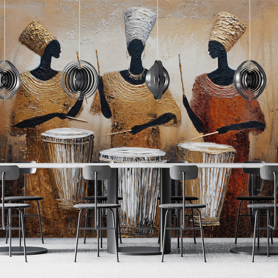 African Rhythm Drummers Mural Wallpaper — Textured Oil Painting Art Mural Wallpaper