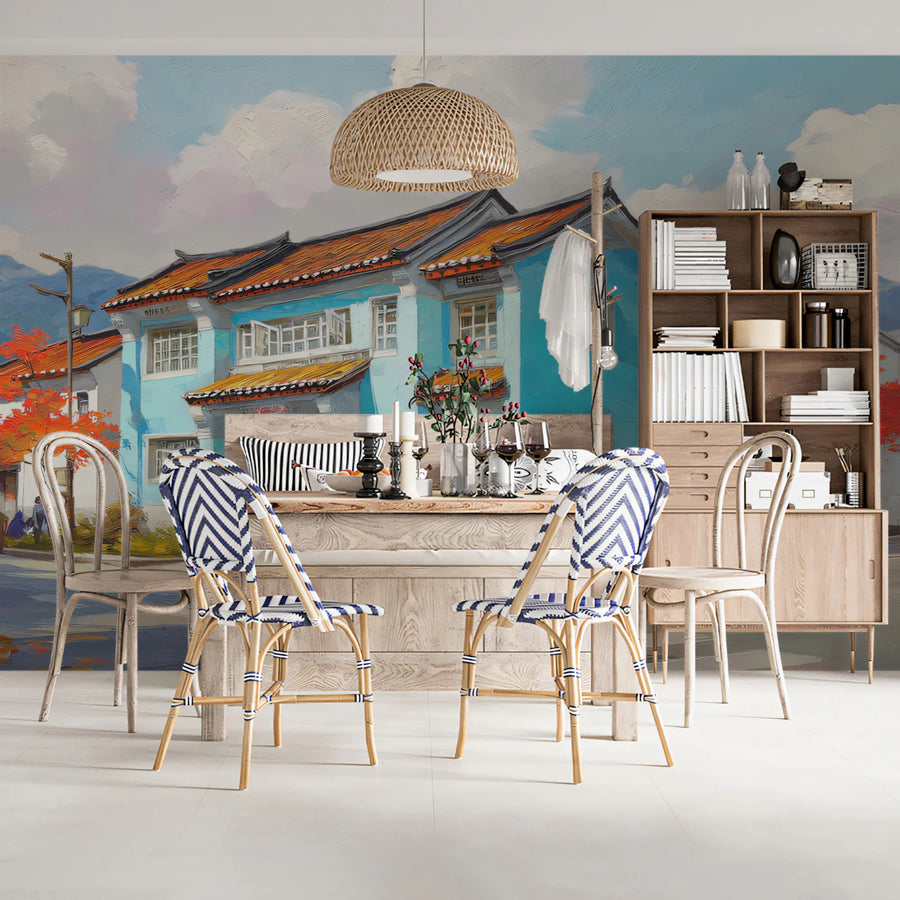 Heritage Village Street Mural Wallpaper — Nostalgic Oil Painting Mural Wallpaper