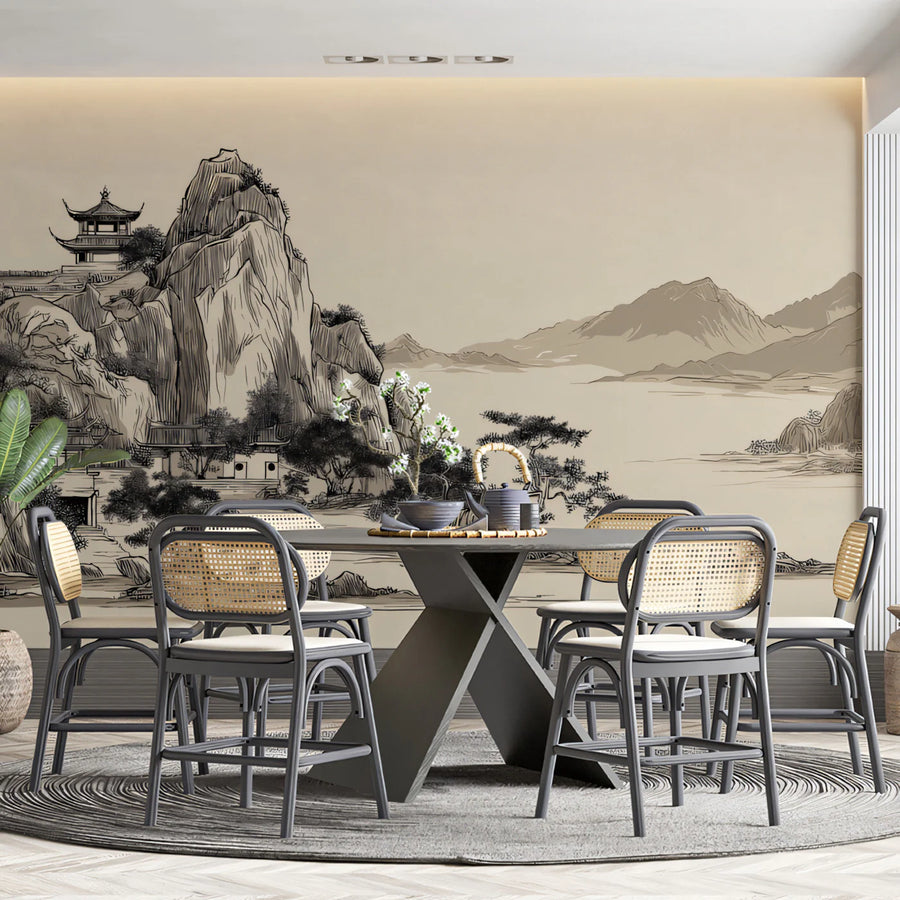 Zen Mountain Pavilion Mural Wallpaper — Traditional Ink Wash Style Mural Wallpaper