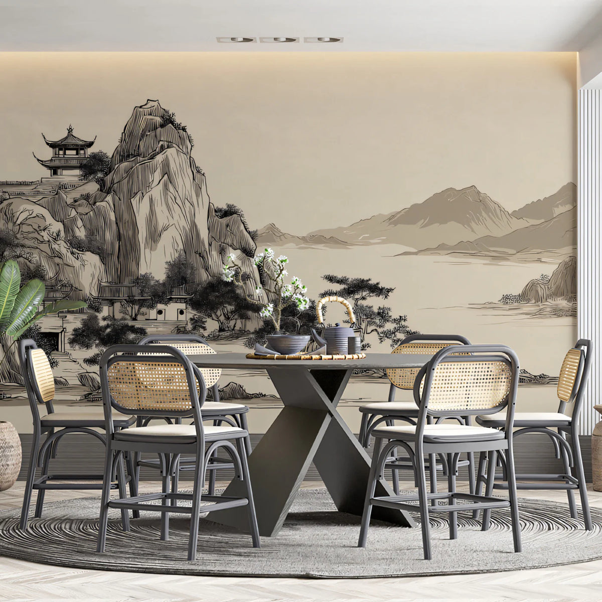 Zen Mountain Pavilion Mural Wallpaper — Traditional Ink Wash Style Mural Wallpaper - pure wallpaper artwork