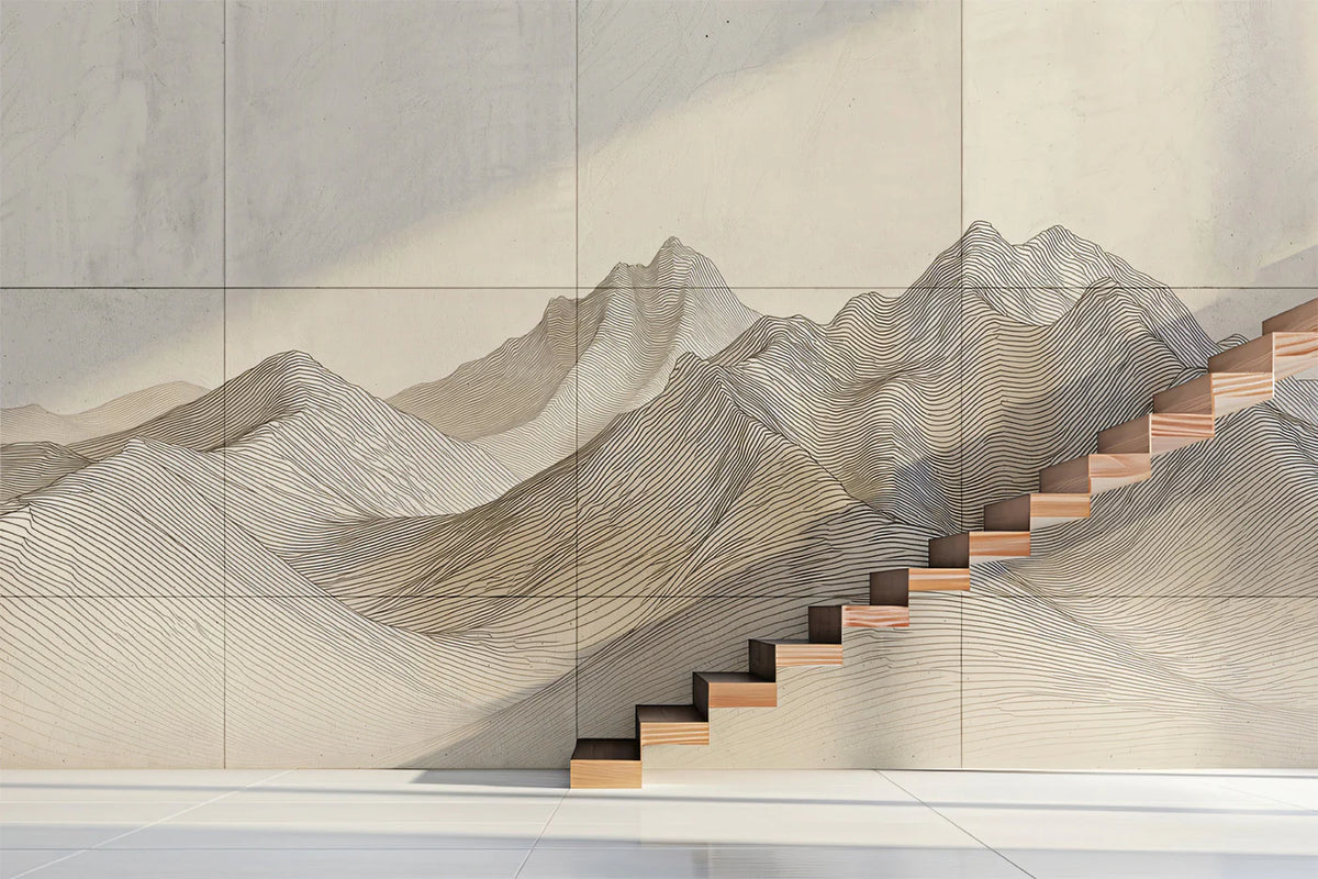 Topographical Mountain Line Art Mural — Neutral Minimalist Design Mural Wallpaper - pure wallpaper artwork