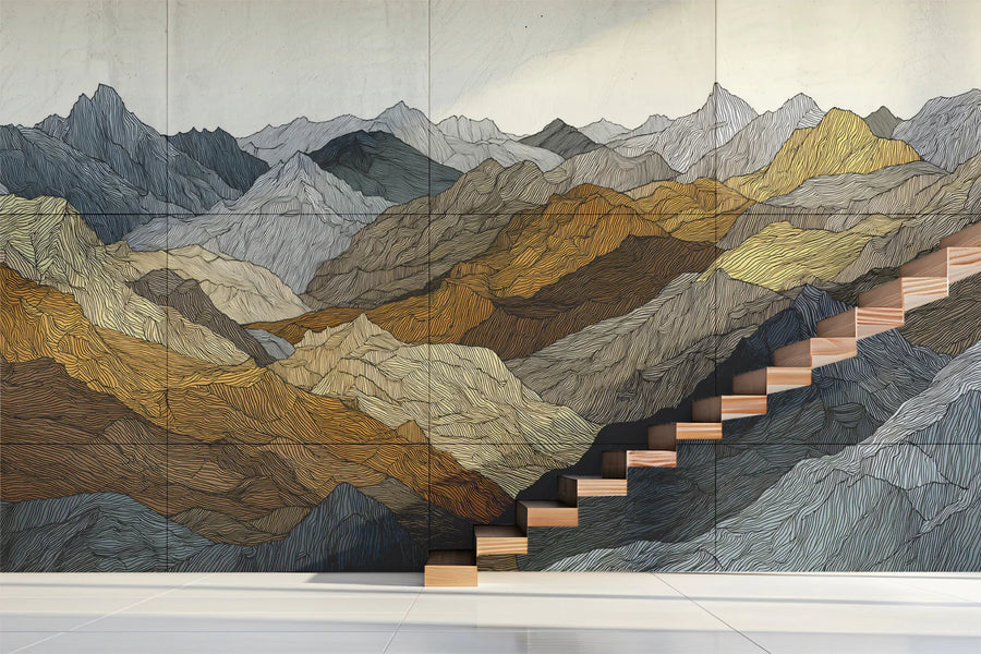 Topographic Mountain Line Mural Wallpaper — Earth Tone Modern Art Mural Wallpaper