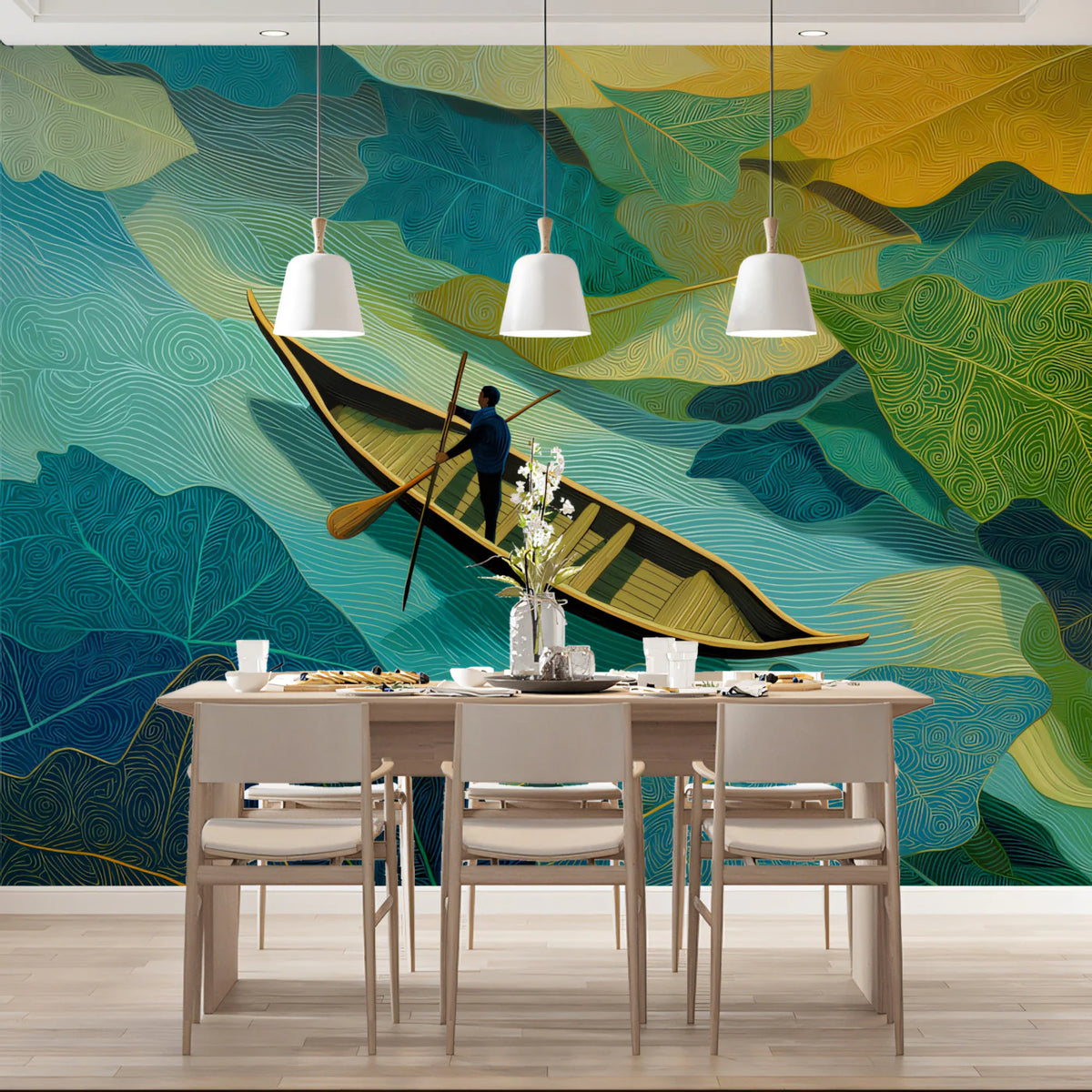 Surreal Botanical River Mural Wallpaper — Vivid Leaf Art Mural Wallpaper - pure wallpaper artwork