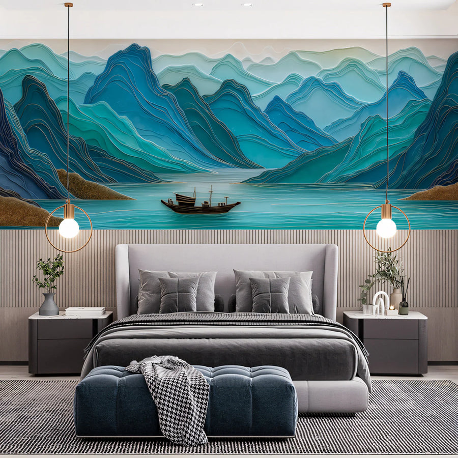 Layered Blue Mountainscape Mural Wallpaper — Modern Relief Art Mural Wallpaper