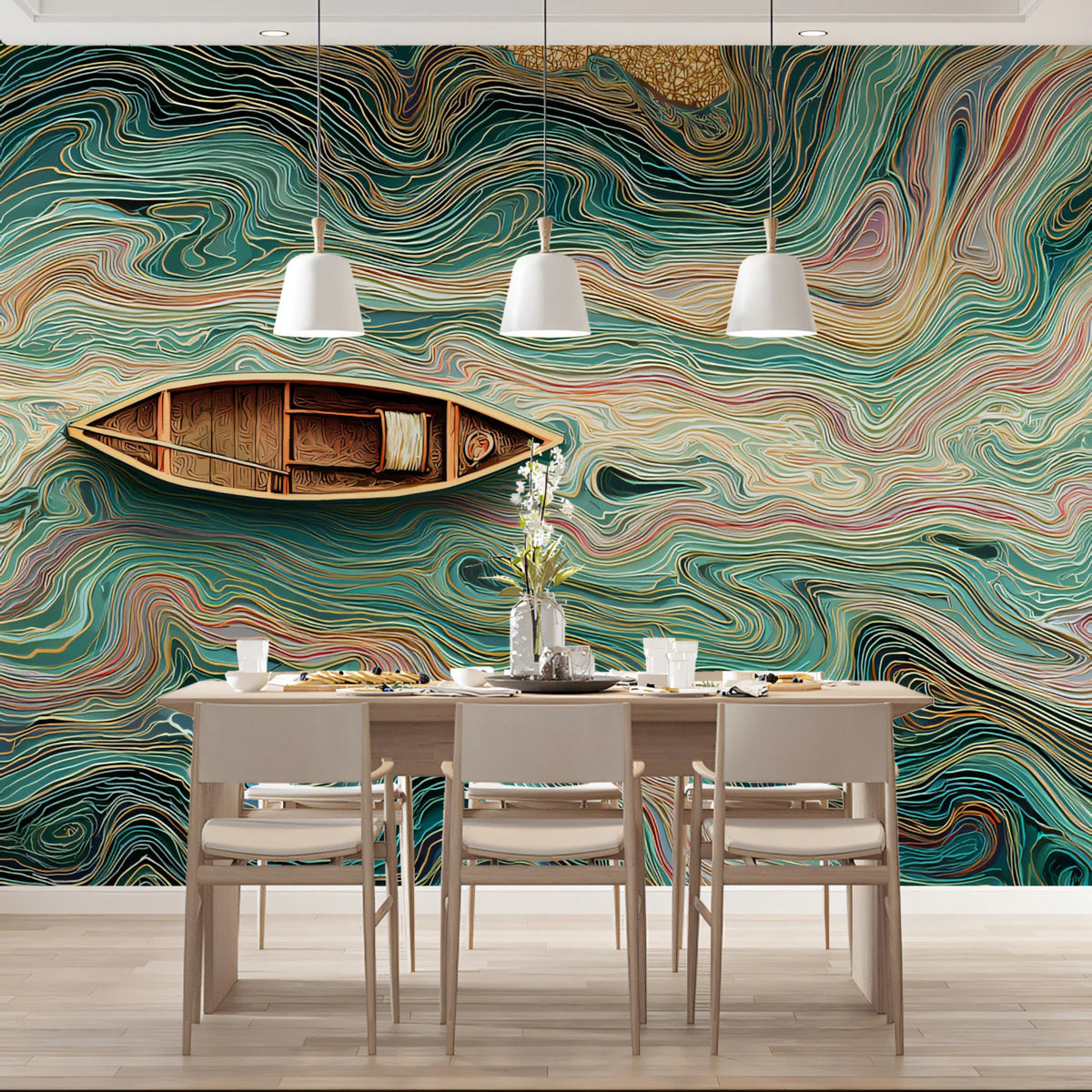 Floating River Abstract Mural Wallpaper — Teal and Gold Swirls Mural Wallpaper - pure wallpaper artwork