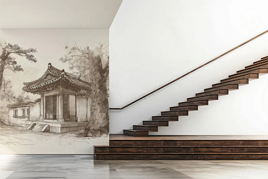 Asian Temple Sketch Mural Wallpaper — Vintage Sepia Architectural Art Mural Wallpaper