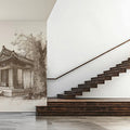Asian Temple Sketch Mural Wallpaper — Vintage Sepia Architectural Art Mural Wallpaper - pure wallpaper artwork