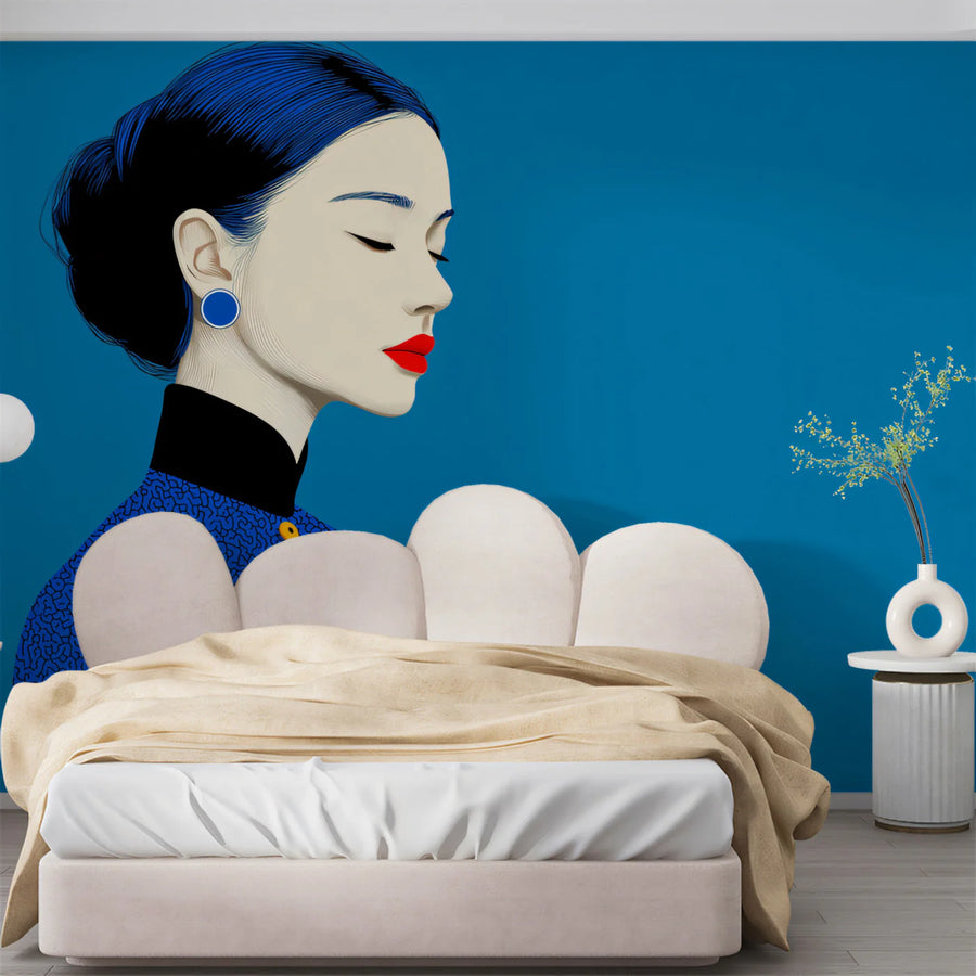 Minimalist Cheongsam Portrait Mural — Modern Blue Art Wallpaper Mural Wallpaper