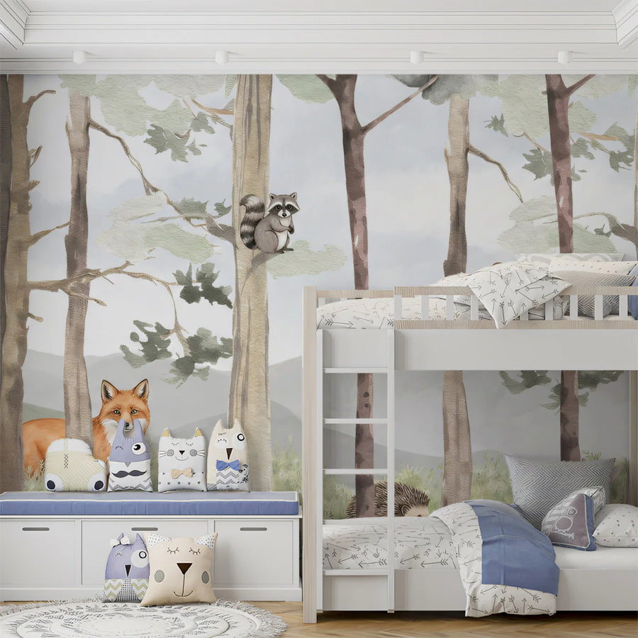 Watercolor Forest Friends Mural Wallpaper — Soft Woodland Scene Mural Wallpaper
