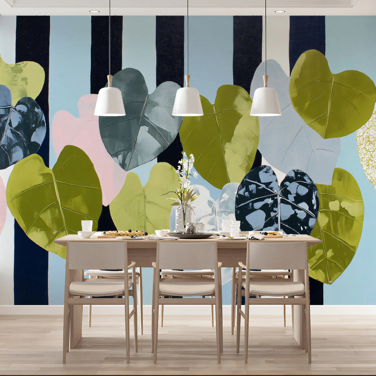 Heart Leaf Botanical Mural Wallpaper — Modern Navy Stripe Pattern Mural Wallpaper - pure wallpaper artwork