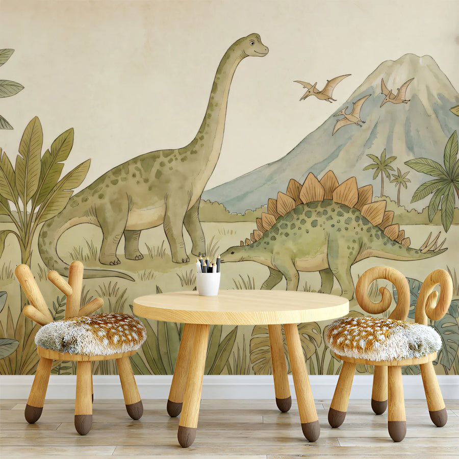 Watercolor Prehistoric Dinosaur Mural — Earthy Nursery Wallpaper Mural Wallpaper