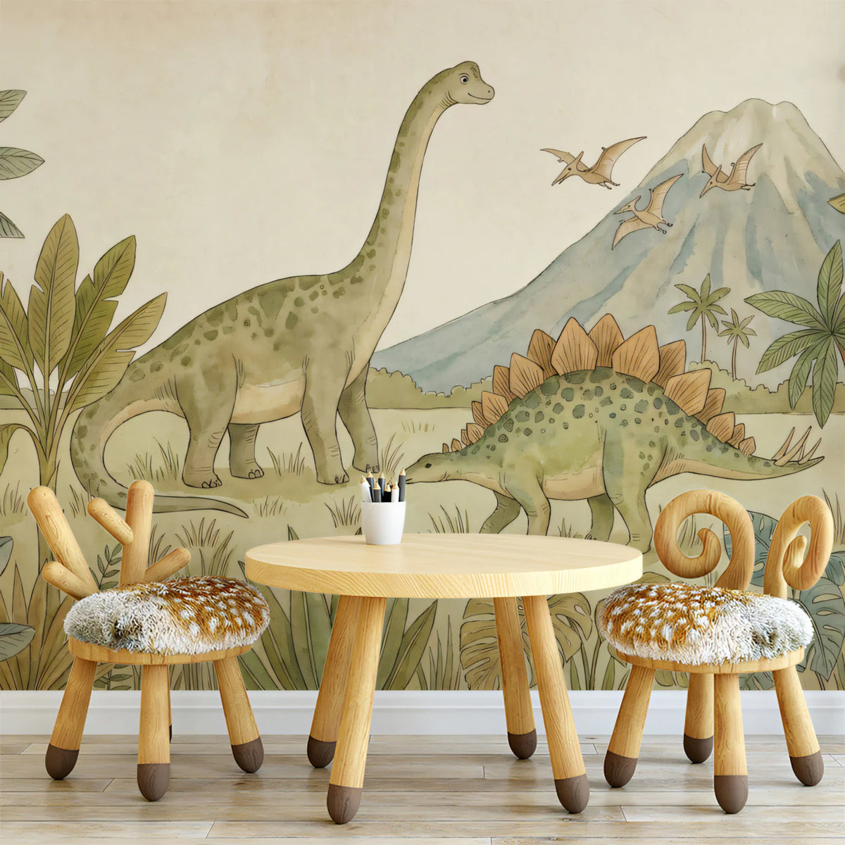 Watercolor Prehistoric Dinosaur Mural — Earthy Nursery Wallpaper Mural Wallpaper - pure wallpaper artwork