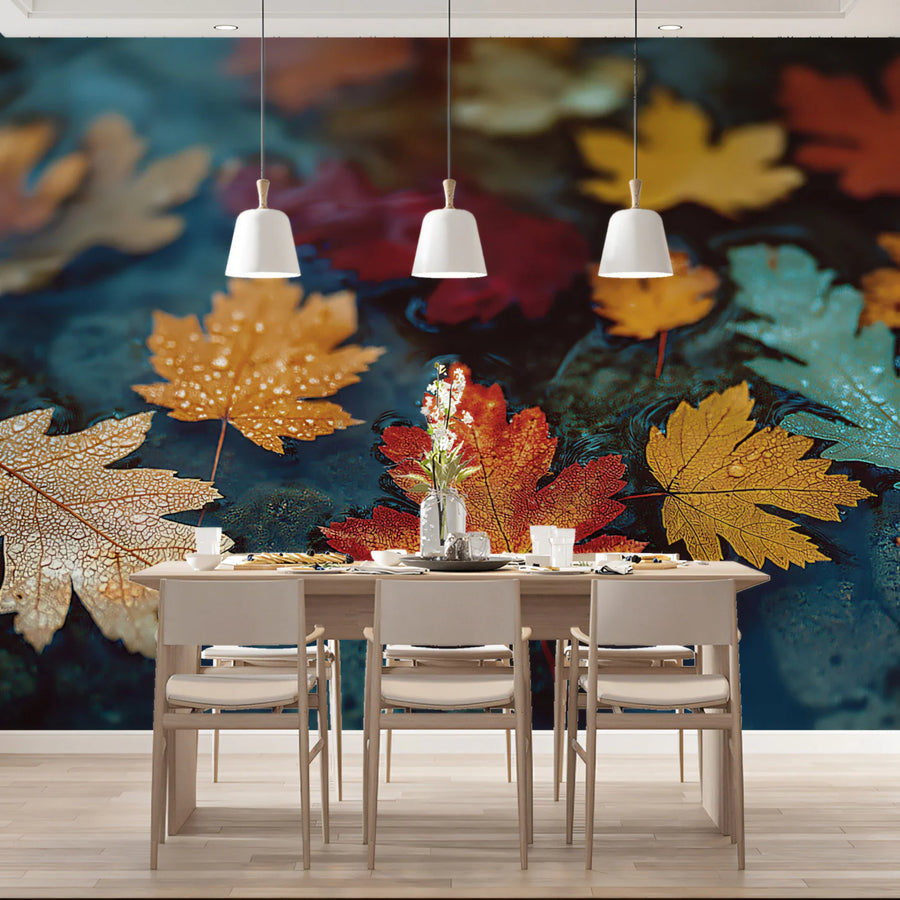 Autumn Rain Fallen Maple Leaves Mural — Moody Nature Wallpaper Mural Wallpaper