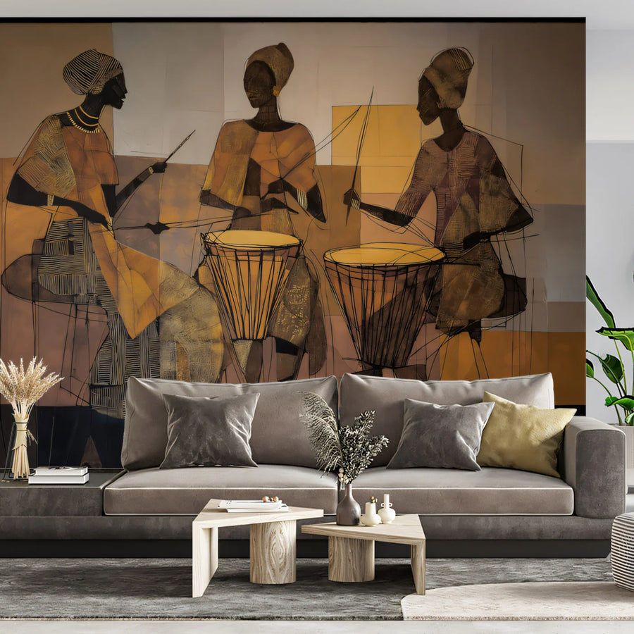 African Rhythm Drummer Mural Wallpaper — Stylized Ethnic Art Mural Wallpaper