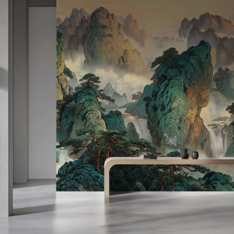 Emerald Mountain Peaks Mural Wallpaper — Traditional Zen Landscape Mural Wallpaper