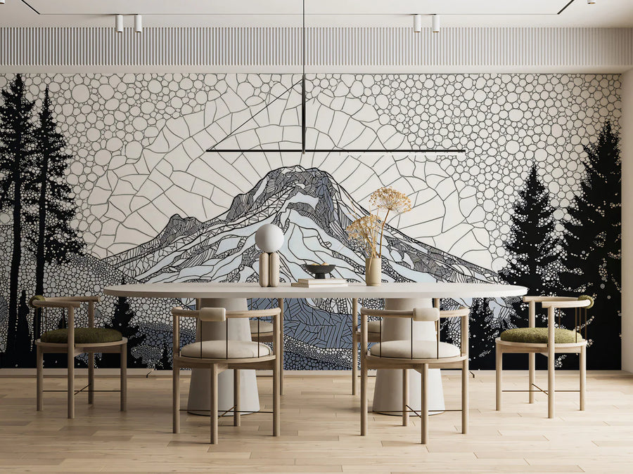 Stained Glass Alpine Peak Mural — Monochrome Mosaic Landscape Mural Wallpaper