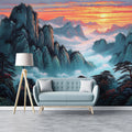 Misty Sunset Mountain Peaks Mural Wallpaper — Painterly Nature Scene Mural Wallpaper - pure wallpaper artwork