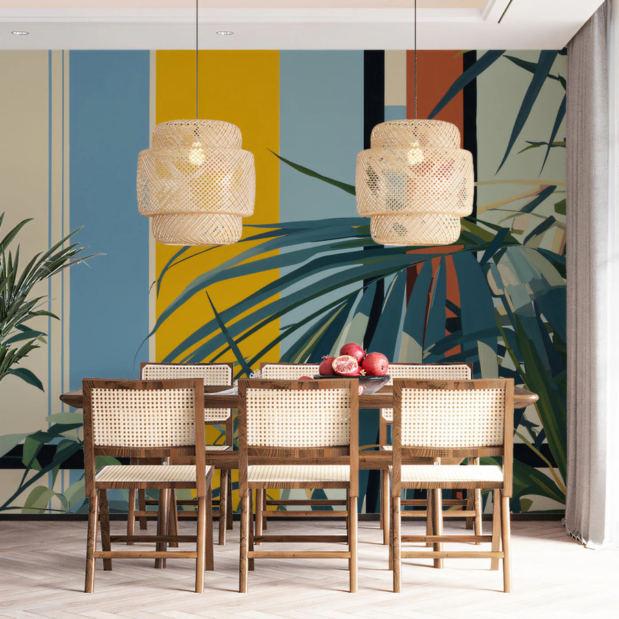 Modern Palm Geometric Mural Wallpaper — Mid-Century Botanical Art Mural Wallpaper