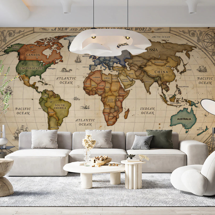 Antique World Map Mural Wallpaper — Vintage Cartography Print Mural Wallpaper