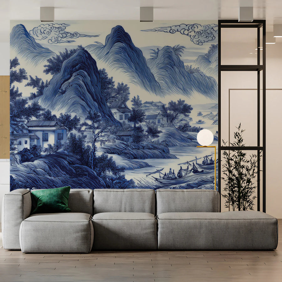 Cobalt Blue Chinoiserie Landscape Mural Wallpaper
