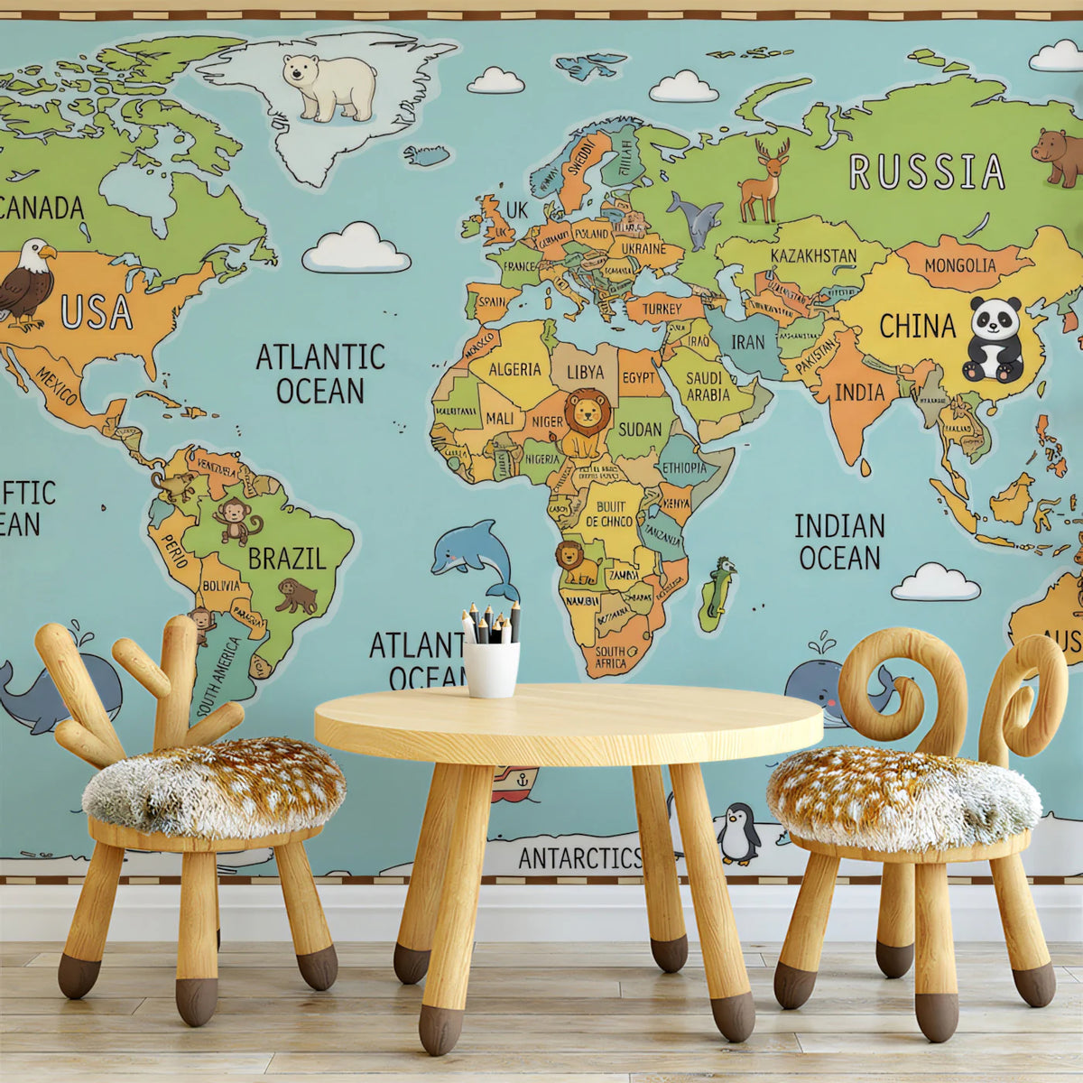 Illustrated World Map Kids Mural Wallpaper — Friendly Cartography Mural Wallpaper - pure wallpaper artwork