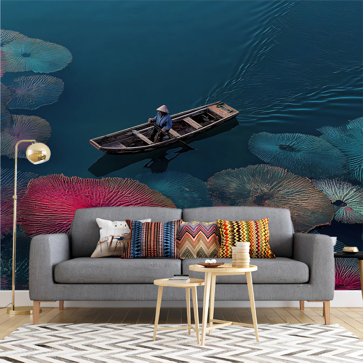 Floating Lily Pad and Boat Mural Wallpaper — Impressionist Garden Mural Wallpaper - pure wallpaper artwork