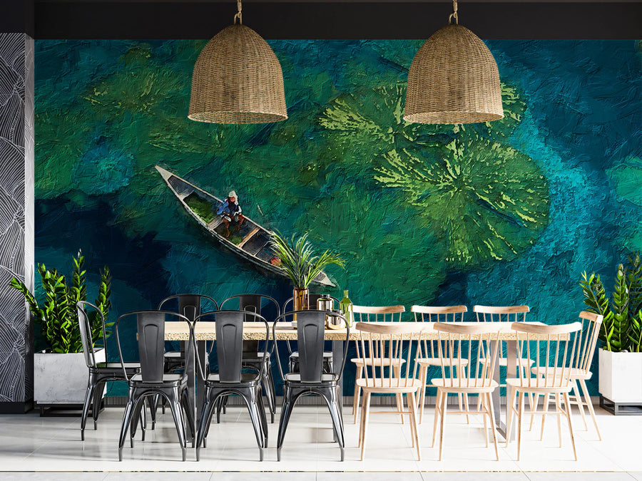 Impressionist Lily Pad Boat Mural Wallpaper — Aerial Pond Design Mural Wallpaper