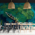Impressionist Lily Pad Boat Mural Wallpaper — Aerial Pond Design Mural Wallpaper - pure wallpaper artwork