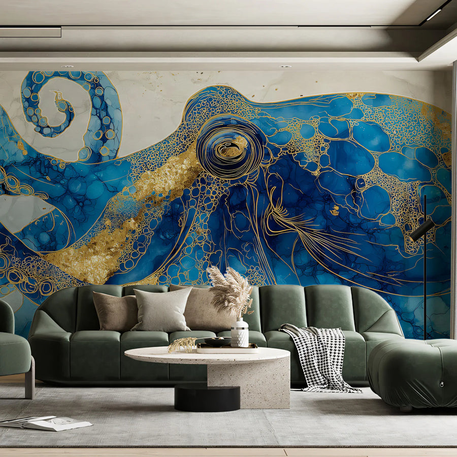 Abstract Octopus Mural Wallpaper in Marine Blue and Gold Leaf Mural Wallpaper