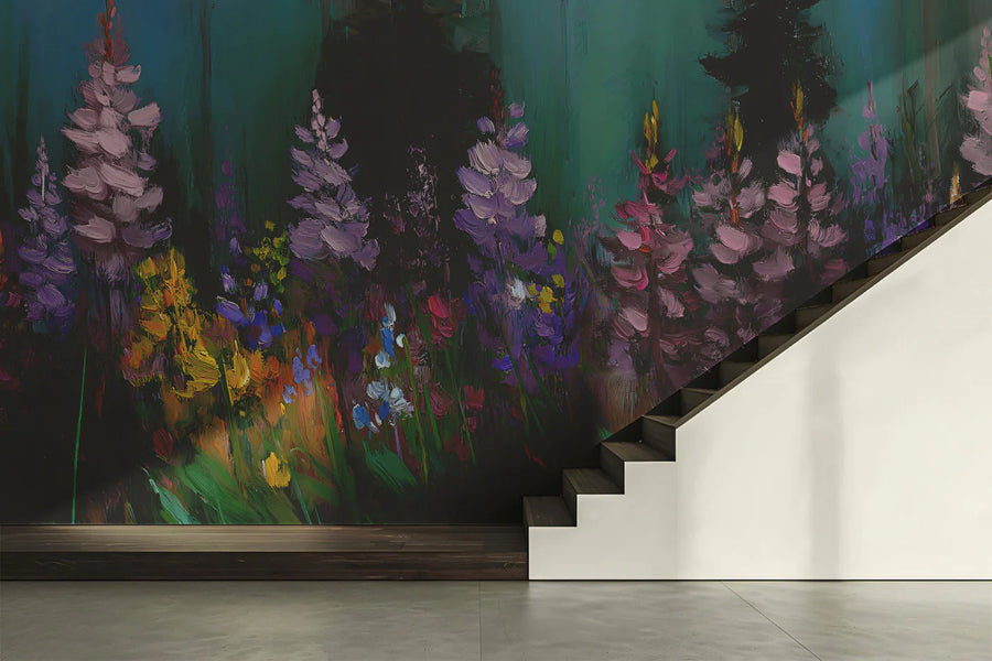 Impressionist Lupine Field Mural Wallpaper — Painterly Floral Art Mural Wallpaper