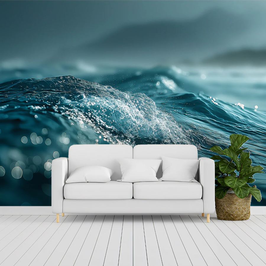 Glistening Sea Waves Mural Wallpaper — Coastal Macro Horizon Mural Wallpaper