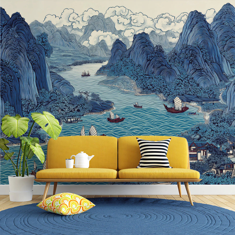 Cobalt Blue Sailboat Chinoiserie Mural Wallpaper — Traditional Art Mural Wallpaper
